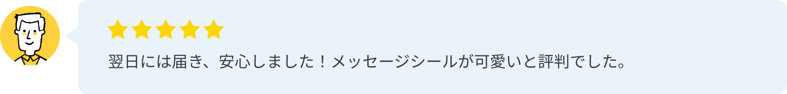 翌日には届き、安心しました!メッセージシールが可愛いと評判でした。